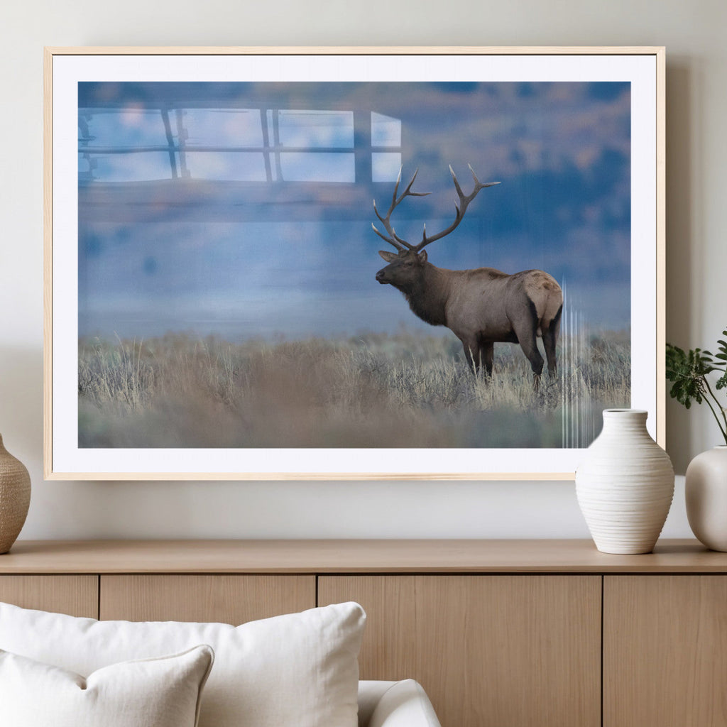 Elk Wall Decor Canvas Print, Framed Rustic Wildlife Art, Mountain Elk Landscape