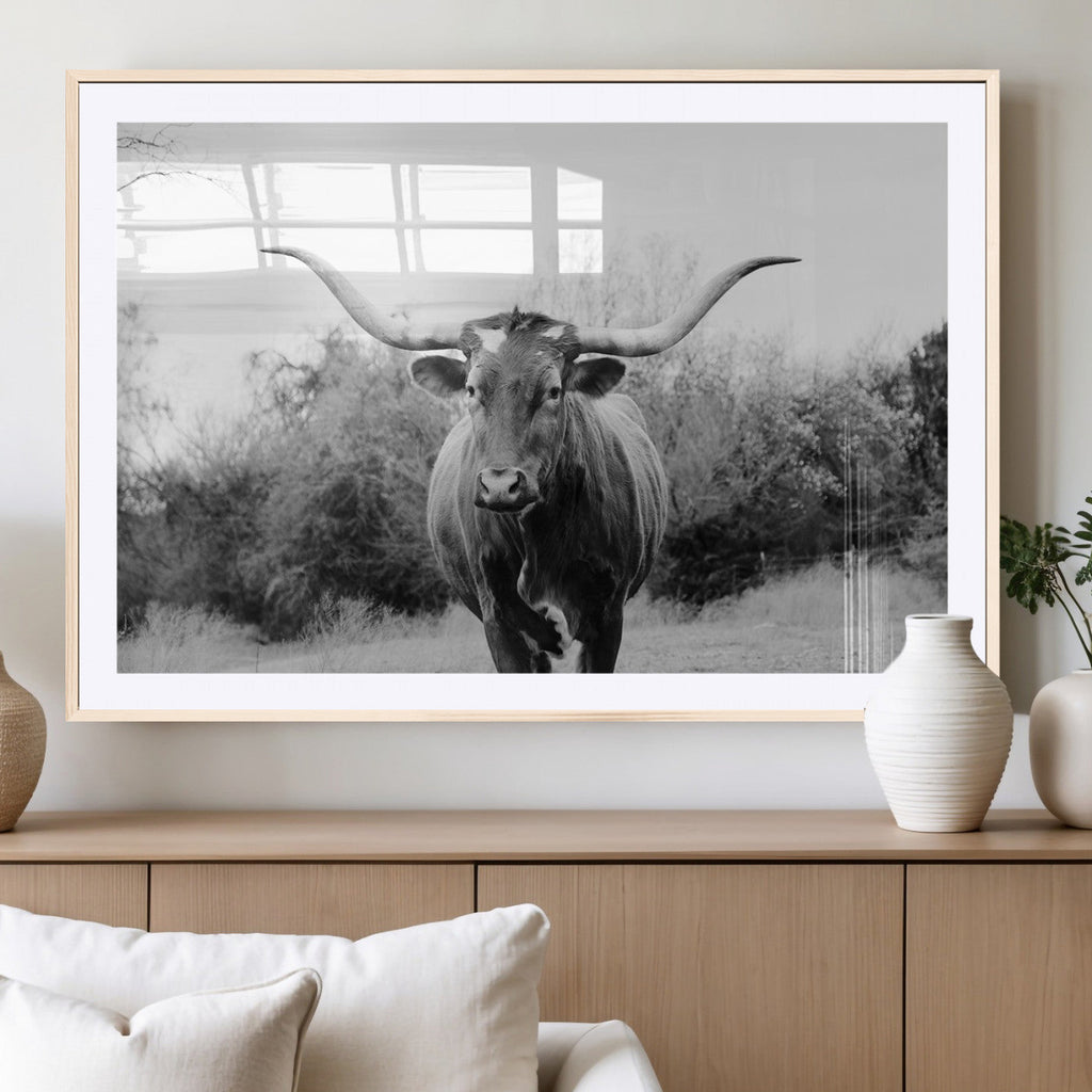 Longhorn Photography Wall Art Canvas Print, Framed Western Cow Texas Ranch Decor
