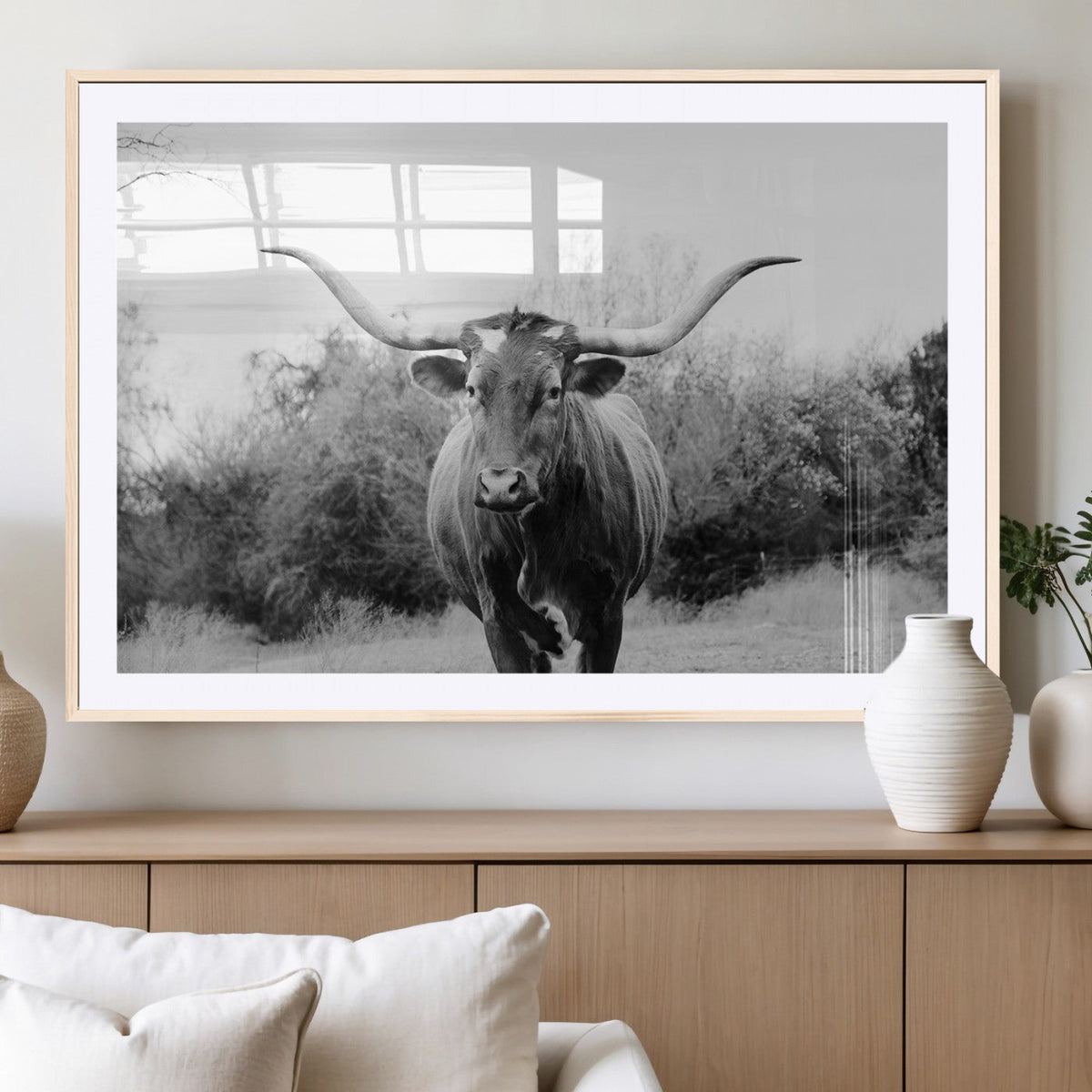 Longhorn Photography Wall Art Canvas Print, Framed Western Cow Texas Ranch Decor