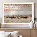 Country Cow Herd Wall Art Canvas Print, Framed Farmhouse Cattle Scene, Rustic Ranch Decor