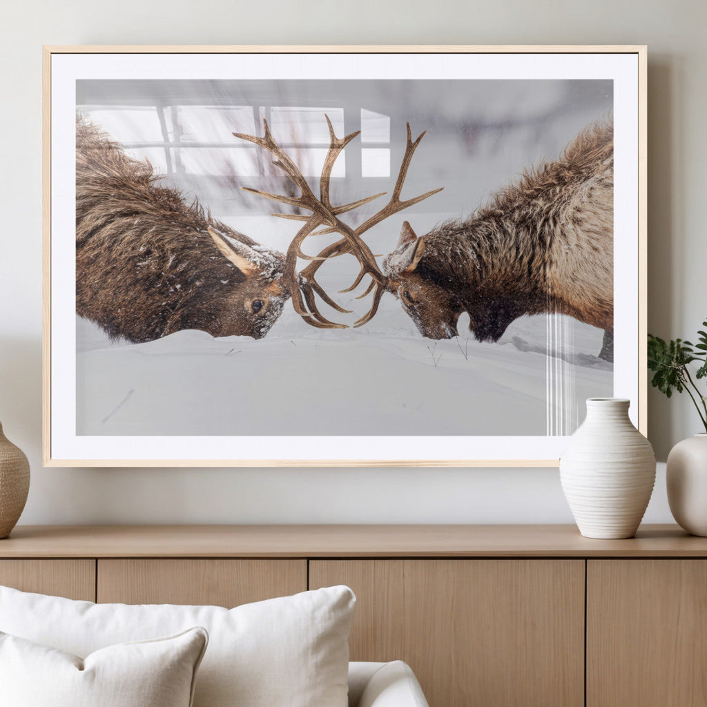 Elk Wall Art Canvas Print, Framed Wildlife Art, Snowy Forest Elk Rustic Lodge Decor