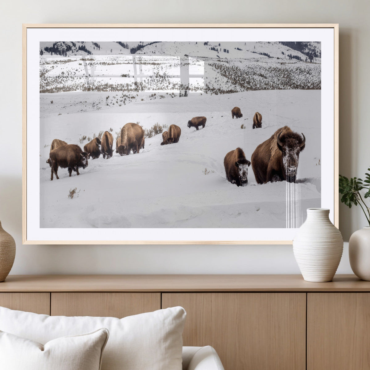 Bison Herd Wall Art Canvas Print, Framed Western Wildlife Decor, Snowy Mountain Valley