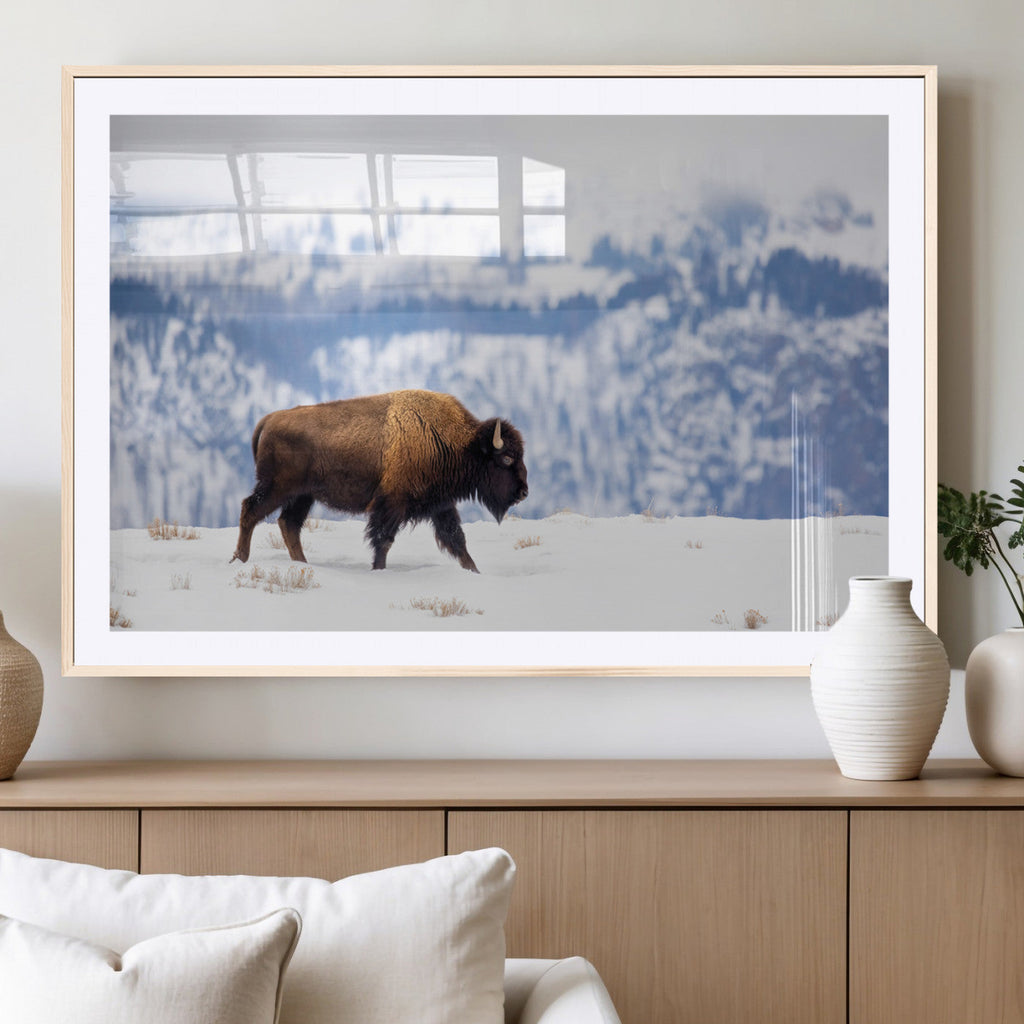 Bison Snow Wall Art Canvas Print, Framed Wildlife Scene, Western Ranch Style Decor