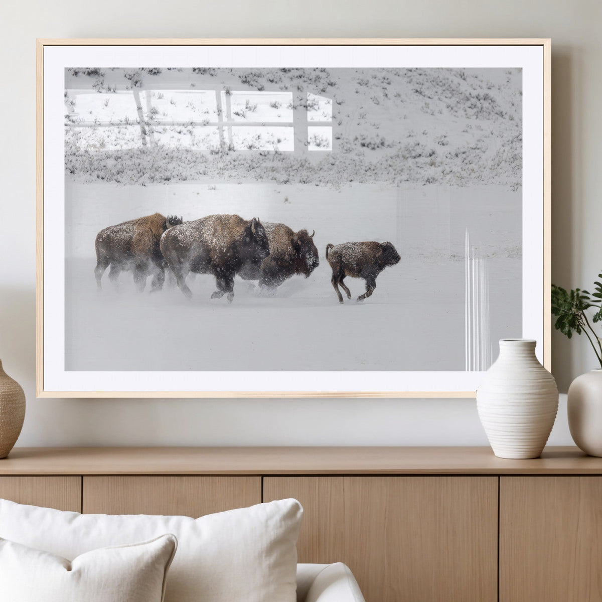 Bison Herd Wall Art Canvas Print, Framed Snowy Bison Scene, Winter Wildlife Decor