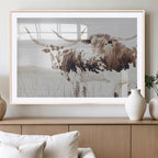 Longhorn Cow Wall Art Canvas Print, Framed Rustic Cattle Art, Sepia Western Decor
