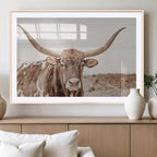 Longhorn Bull Wall Art Canvas Print, Framed Rustic Cow Decor, Neutral Farmhouse Style