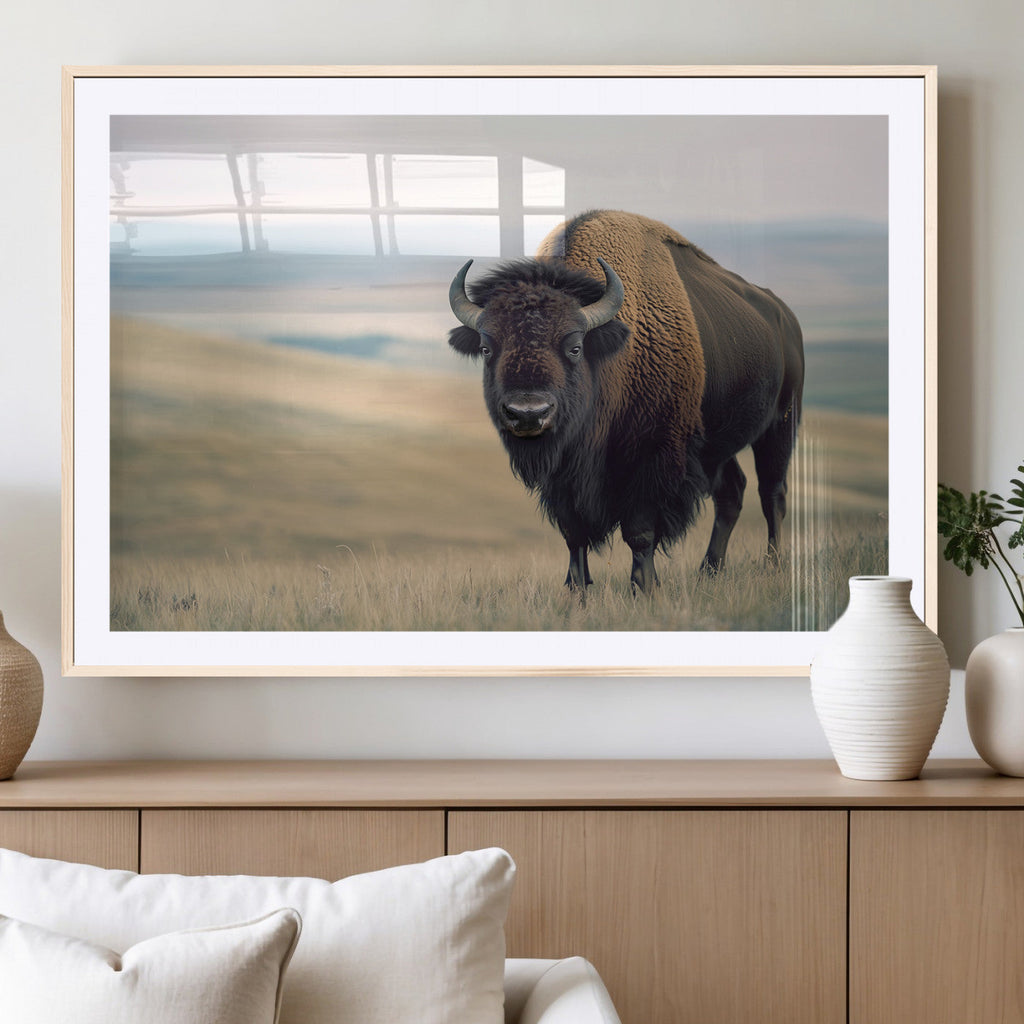 Bison Wall Art Canvas Print, Framed American Buffalo Rustic Western Artwork