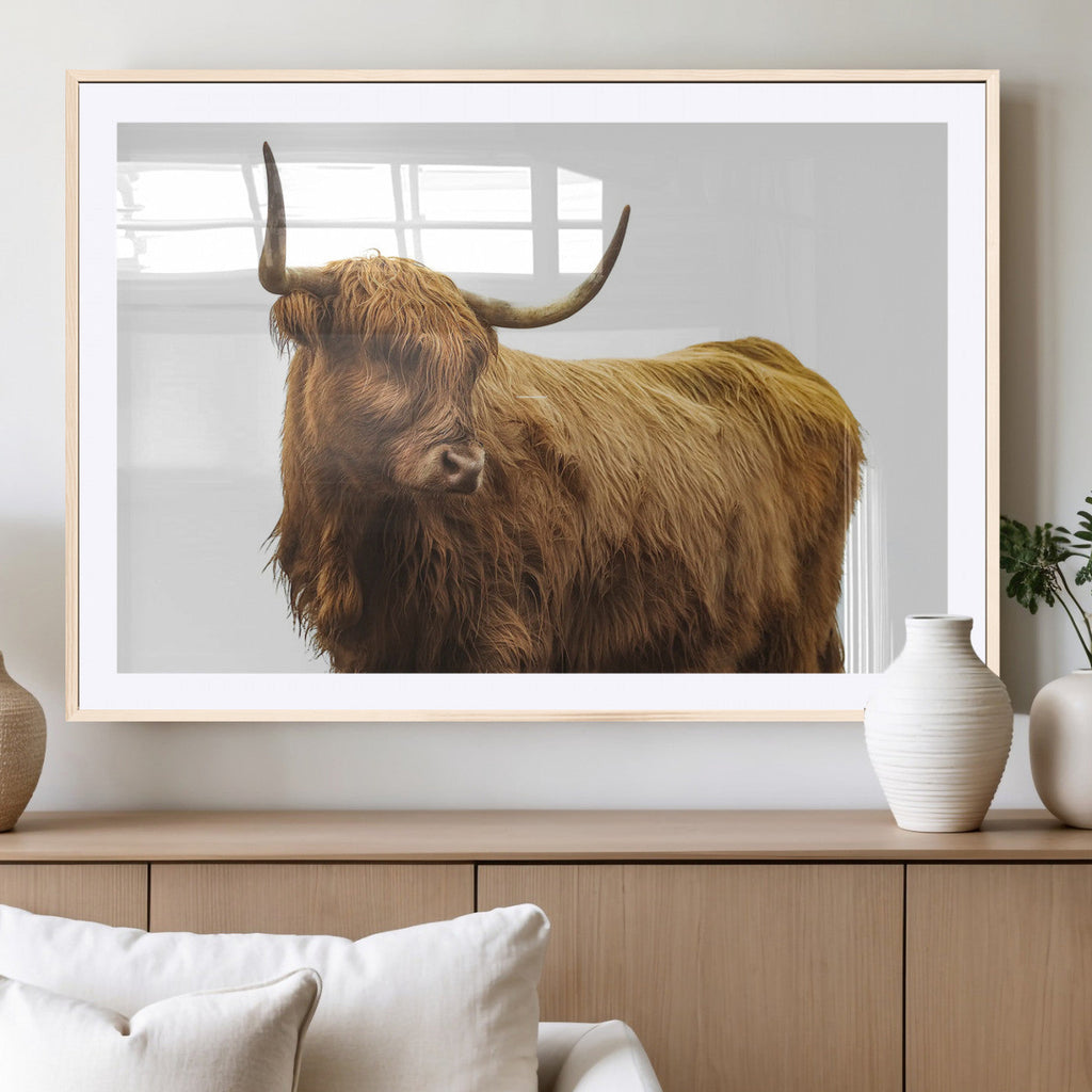 Highland Cow Wall Art Canvas Print, Framed Rustic Farmhouse Animal Portrait
