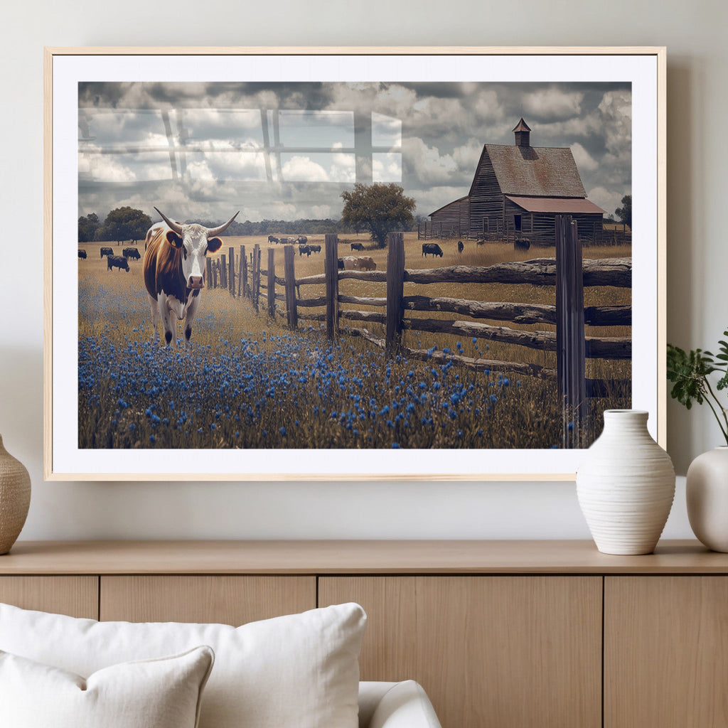 Texas Longhorn Canvas Wall Art Print, Framed Rustic Barn Farmhouse Decor