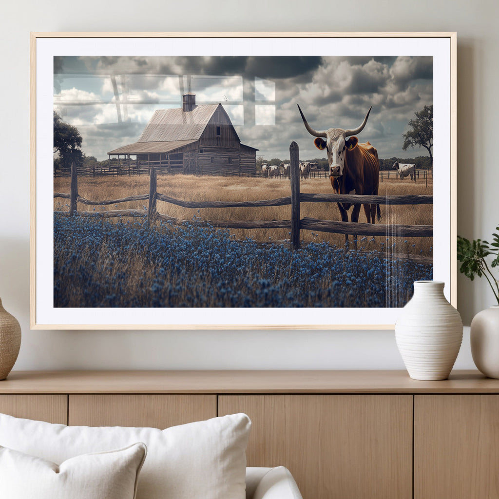 Texas Longhorn Wall Art Canvas Print, Framed Rustic Barn Art, Farmhouse Cow Decor