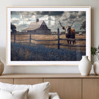 Texas Longhorn Wall Art Canvas Print, Framed Rustic Barn Art, Farmhouse Cow Decor