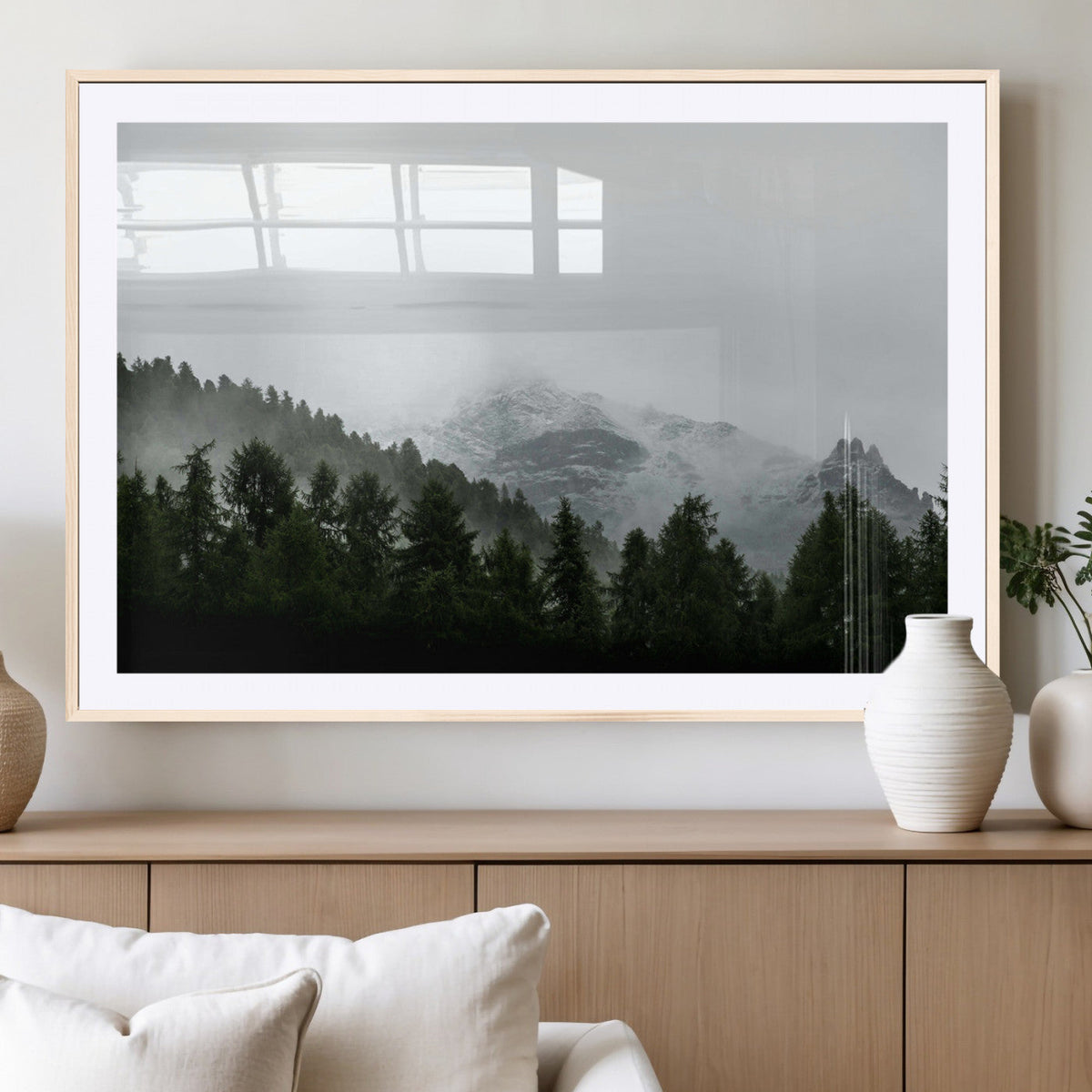 Misty Mountains Wall Art Canvas Print, Framed Foggy Forest Art, Snowy Peaks Landscape