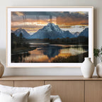Mountain Sunset Wall Art Canvas Print, Framed Alpine Wilderness Art, Golden Hour Lake