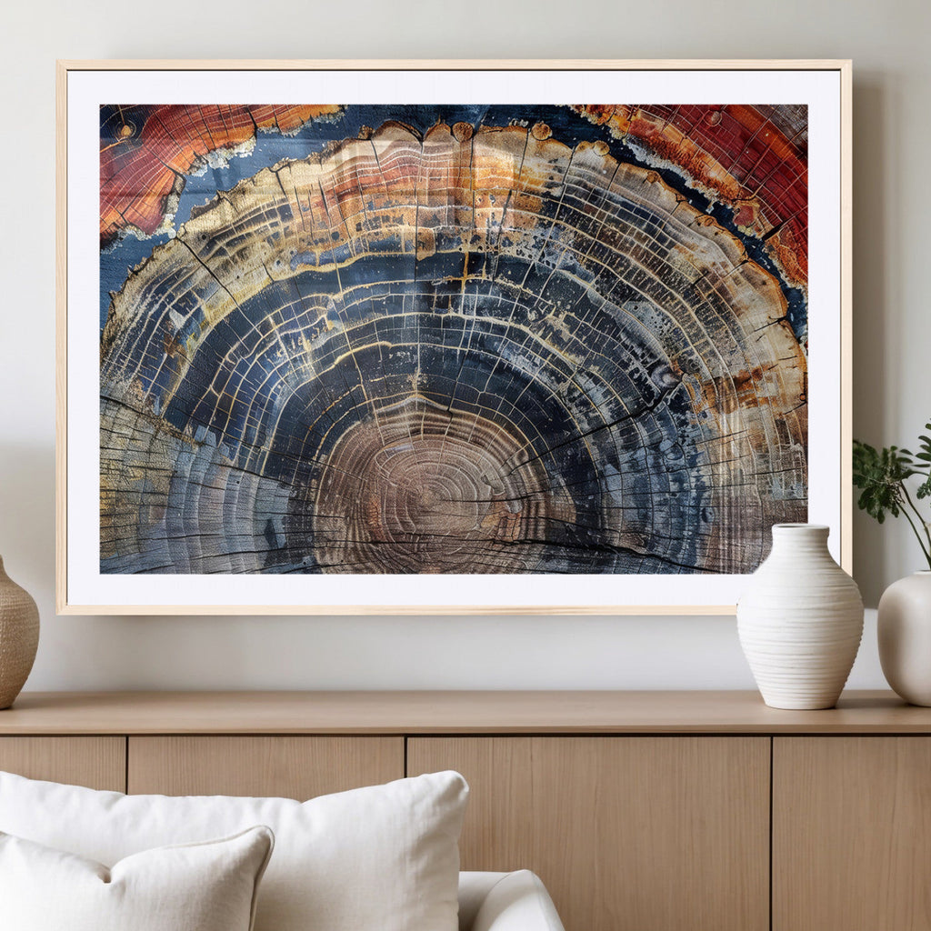 Tree Rings Wall Art Canvas Print, Framed Petrified Wood Modern Rustic