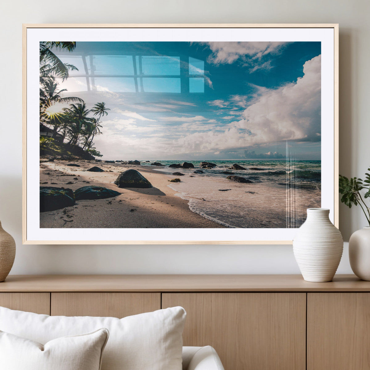 Tropical Beach Wall Art Canvas Print, Framed Ocean Waves Relaxing Seascape