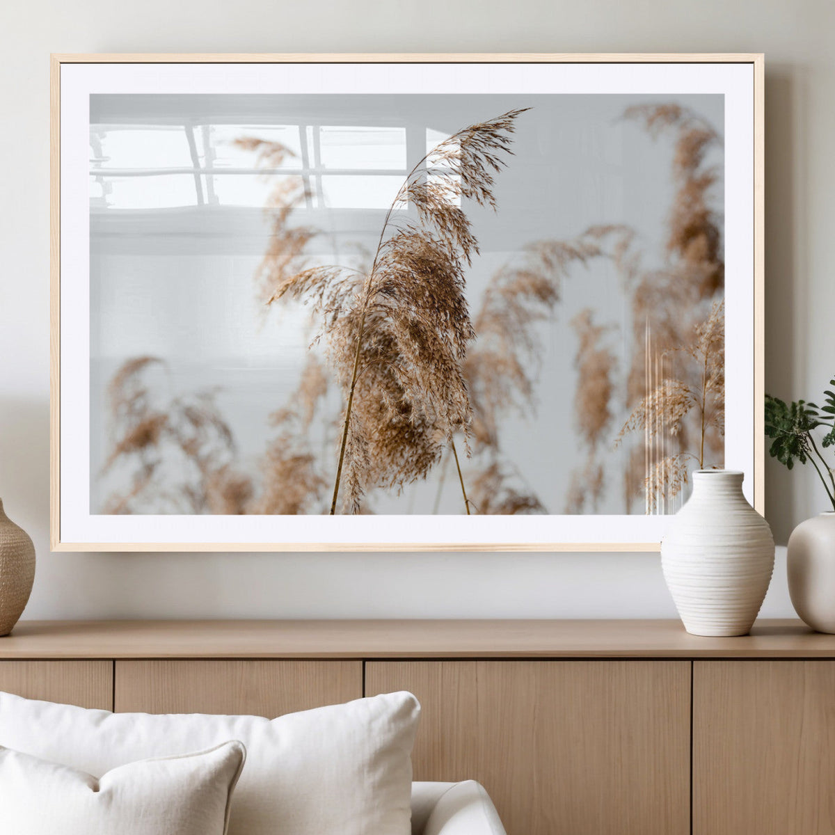 Pampas Grass Wall Art Canvas Print, Framed Neutral Tones Minimalist Boho