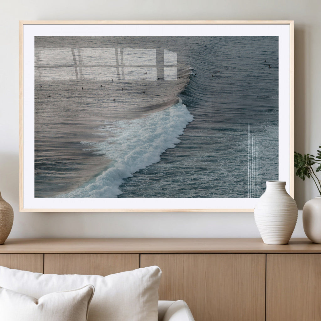 Ocean Waves Wall Art Canvas Print, Framed Coastal Serenity Surf Scene