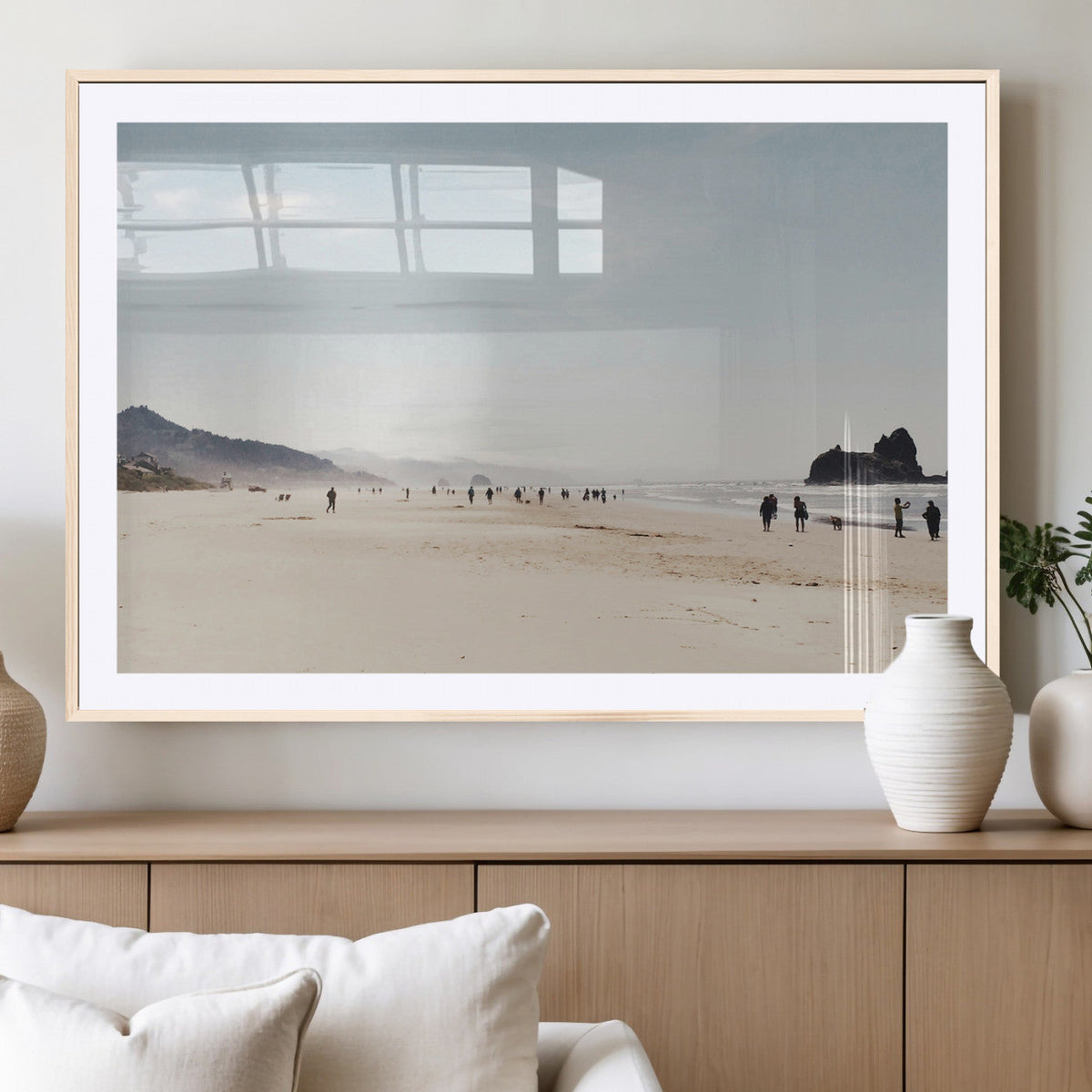 Minimalist Beach Wall Art Canvas Print, Framed Coastal Serenity Soft Sand