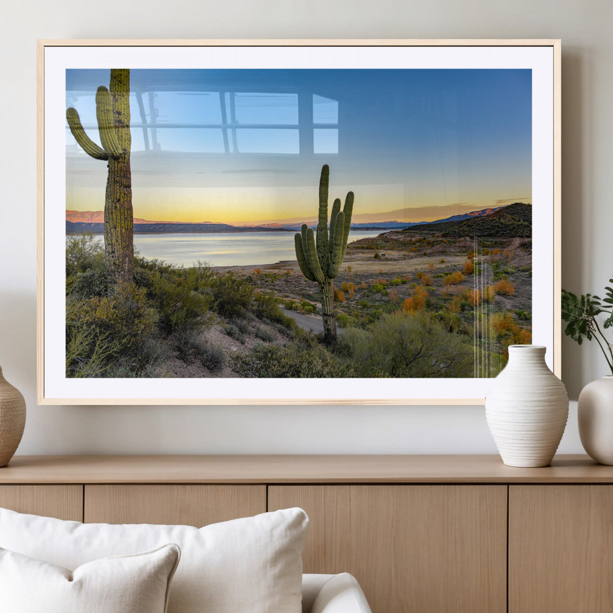 Saguaro Cactus Wall Art Canvas Print, Framed Desert Sunset Southwestern