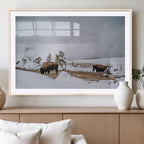 Bison Wildlife Wall Art Canvas Print, Framed Snowy Prairie Art, Western Landscape Decor