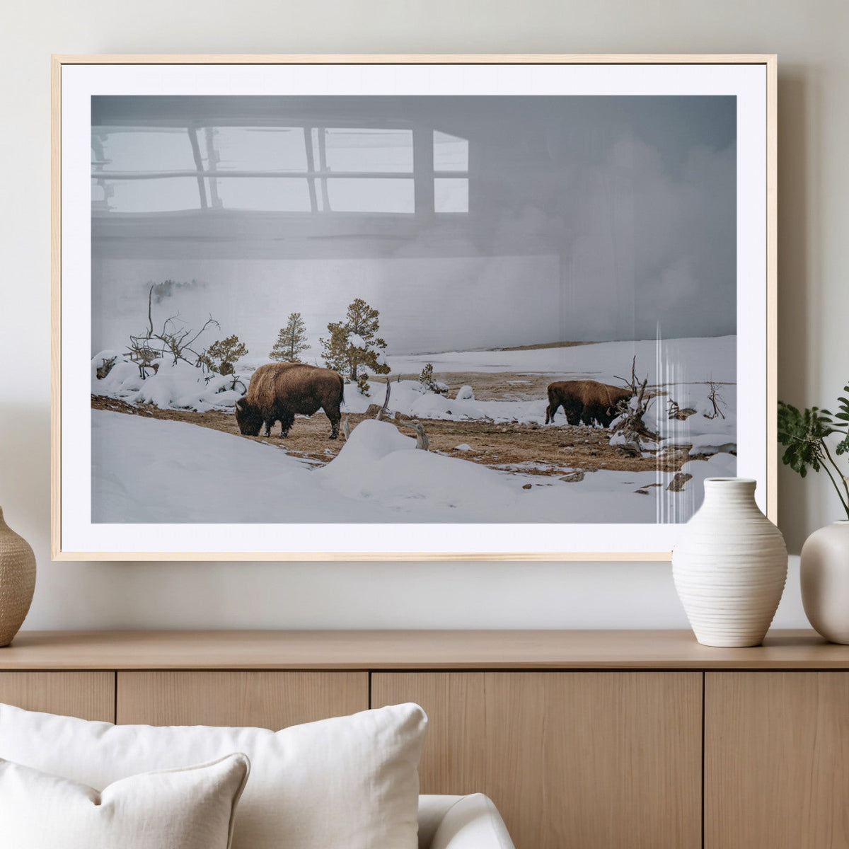Bison Wildlife Wall Art Canvas Print, Framed Snowy Prairie Art, Western Landscape Decor