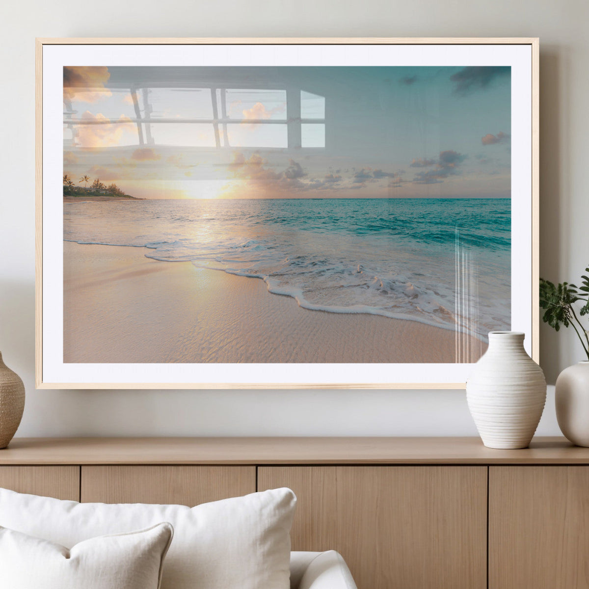 Beach Sunset Wall Art Canvas Print, Framed Ocean Waves Summer Escape