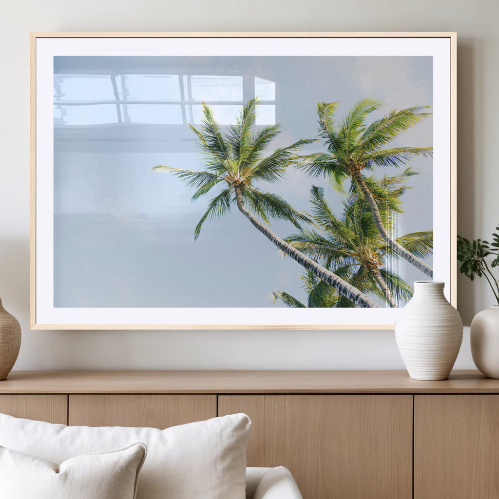 Palm Trees Wall Art Canvas Print, Framed Tropical Coastal Scene Under Blue Sky