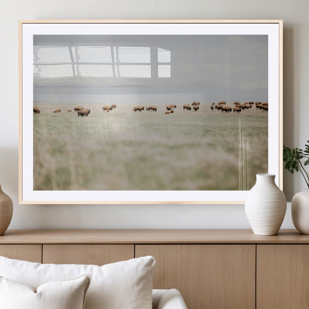 Bison Herd Wall Art Canvas Print, Framed Western Landscape with Bison in Grassland