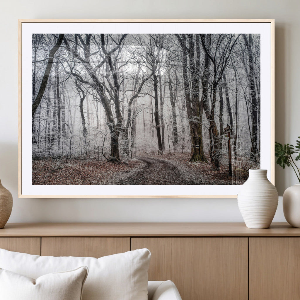 Winter Forest Wall Art Canvas Print, Framed Frosty Woodland with Misty Trees