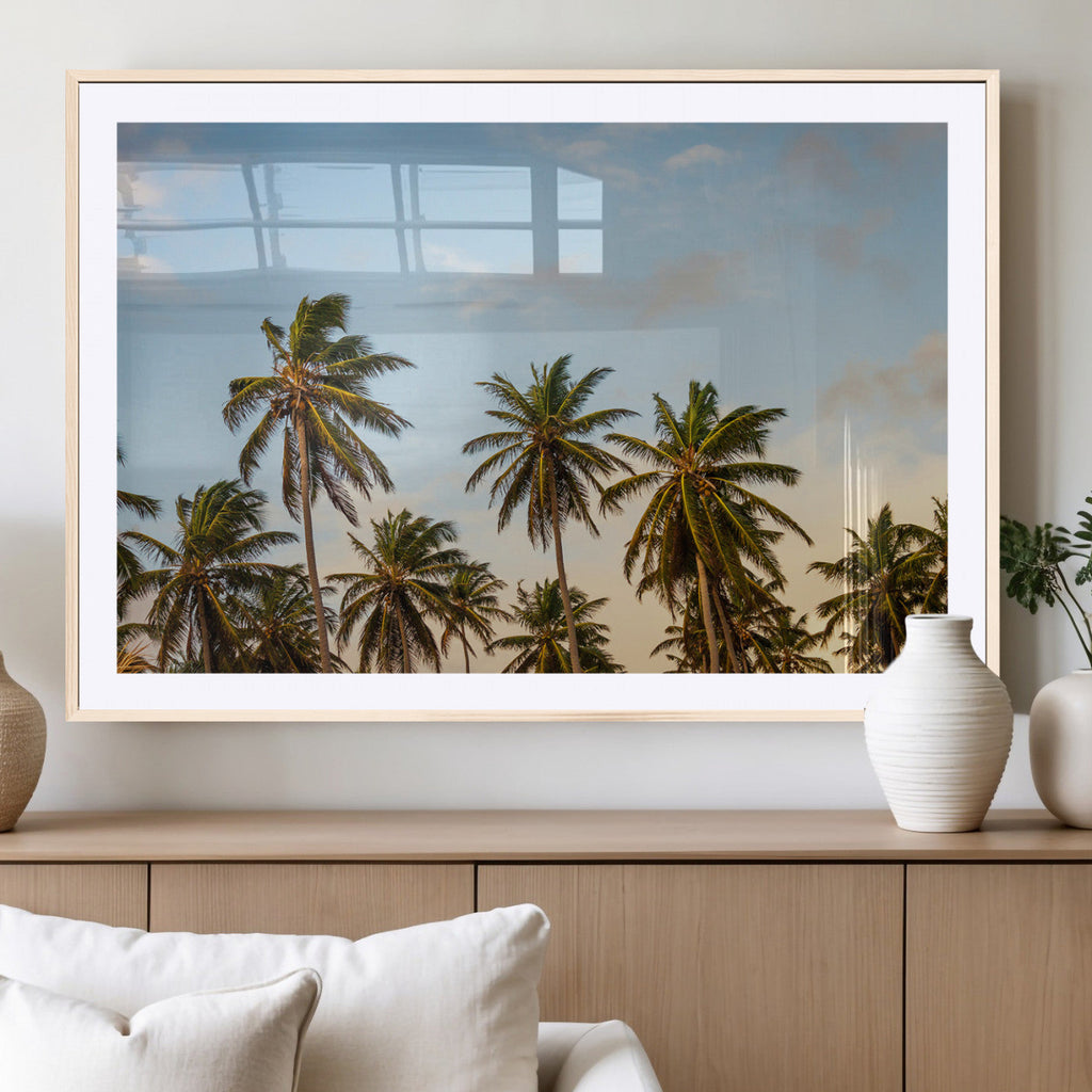Palm Trees Wall Art Canvas Print, Framed Tropical Vibes Coastal Sunset