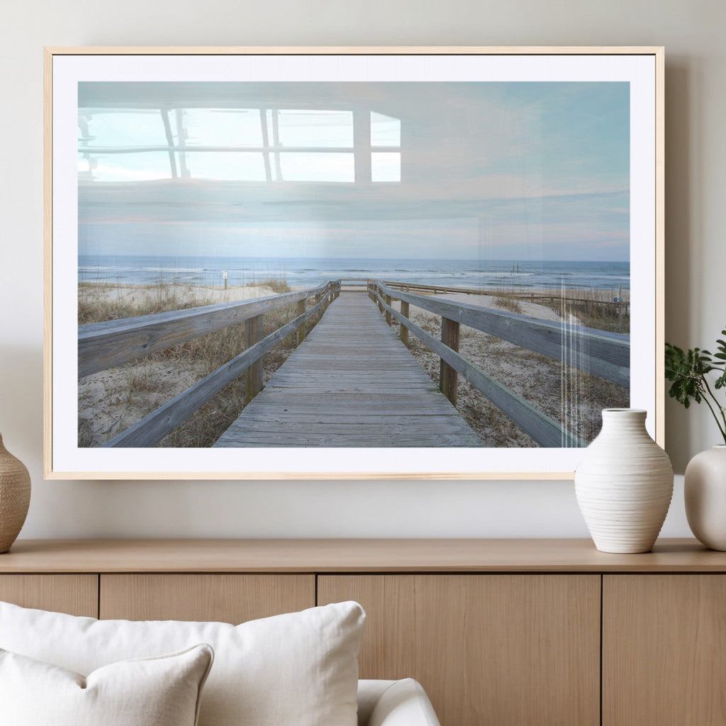Beach Boardwalk Wall Art Canvas Print, Framed Coastal Serenity Ocean View