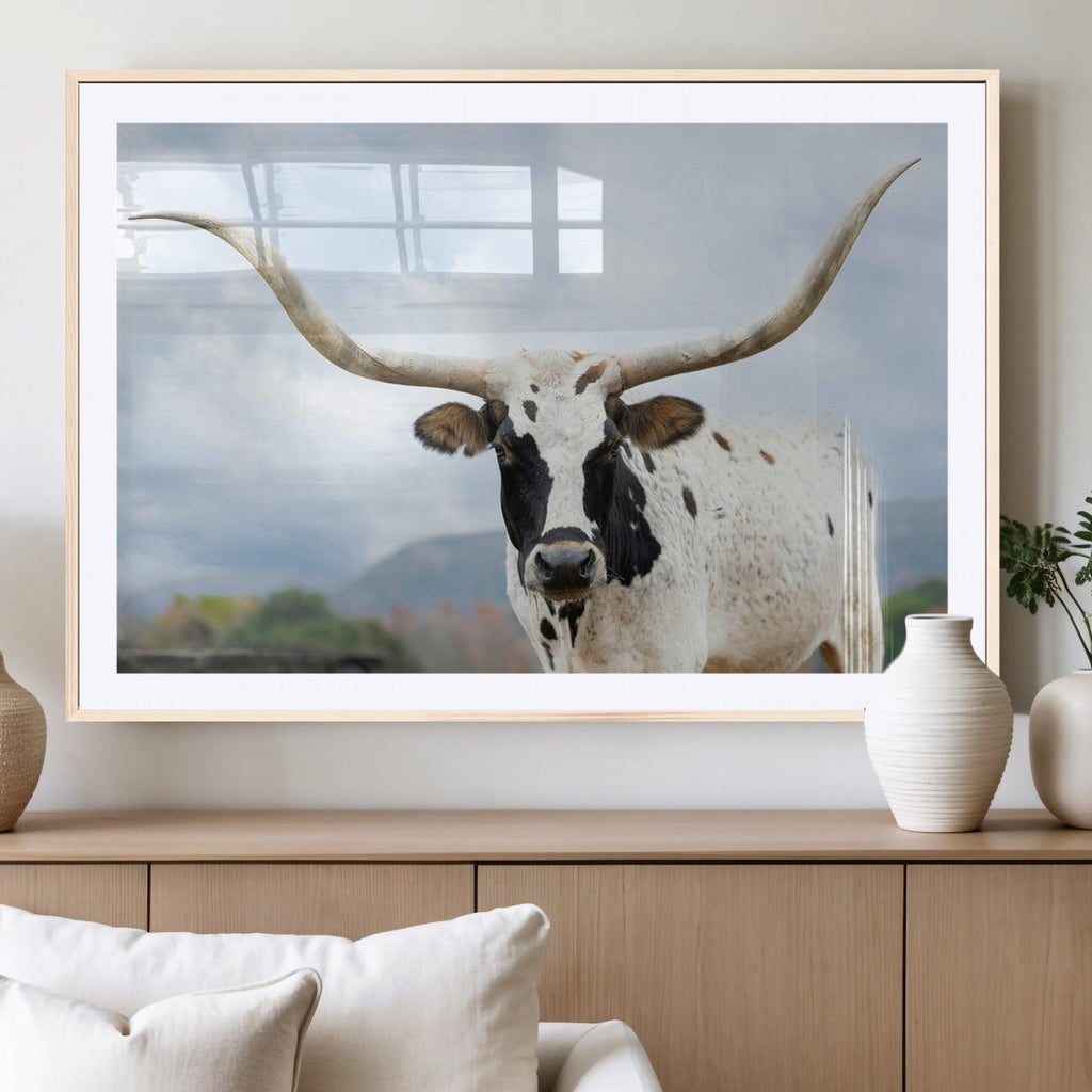 Texas Longhorn Wall Art Canvas Print, Framed Western Rustic Farmhouse