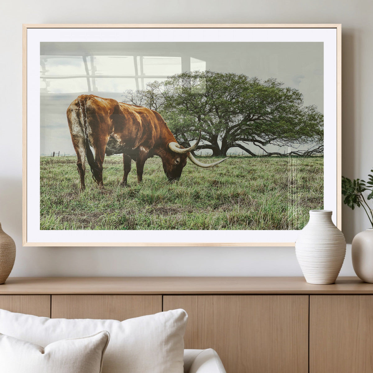 Texas Longhorn Wall Art Canvas Print, Framed Rustic Ranch Western Cattle