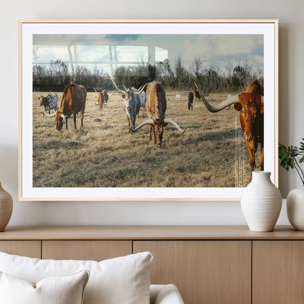 Texas Longhorns Wall Art Canvas Print, Framed Rustic Farm Scene Western Cattle