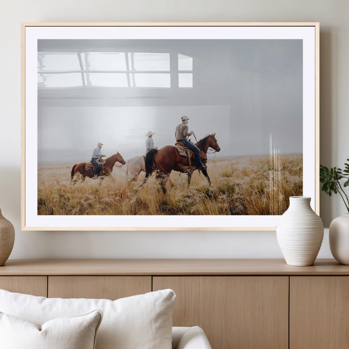 Western Cowboys Wall Art Canvas Print, Framed Horseback Riders on a Rustic Prairie