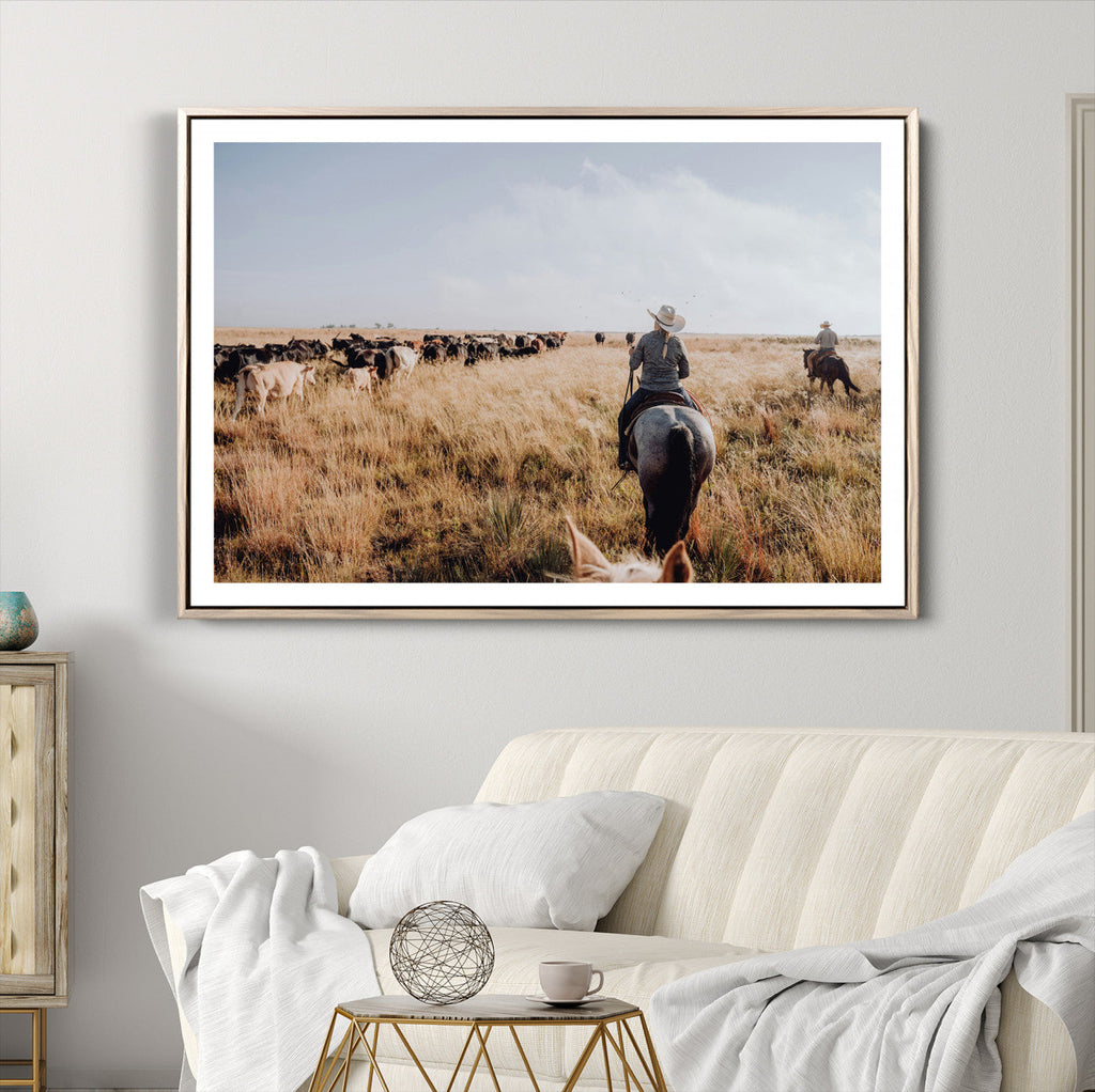 Western Wall Art Canvas Print, Framed Cowboy Cattle Drive Scene
