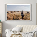Western Wall Art Canvas Print, Framed Cowboy Cattle Drive Scene