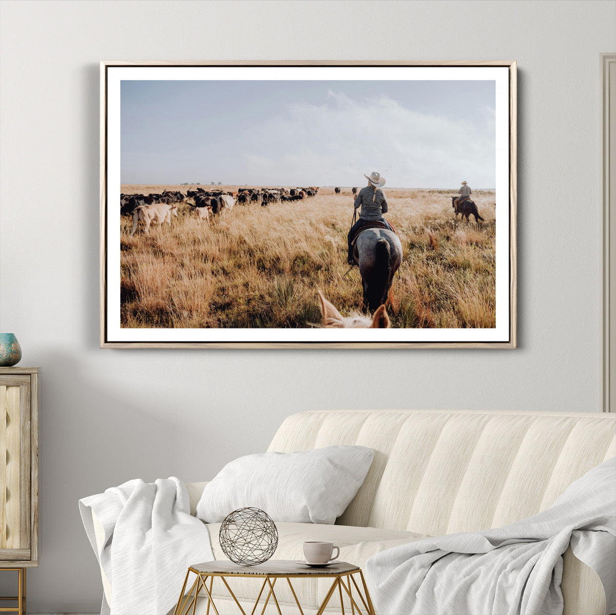 Western Wall Art Canvas Print, Framed Cowboy Cattle Drive Scene