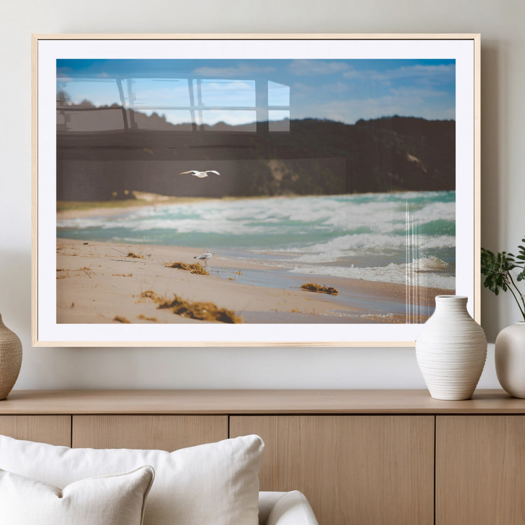 Tranquil Beach Wall Art Canvas Print, Framed Blue Ocean Waves on a Sandy Shore