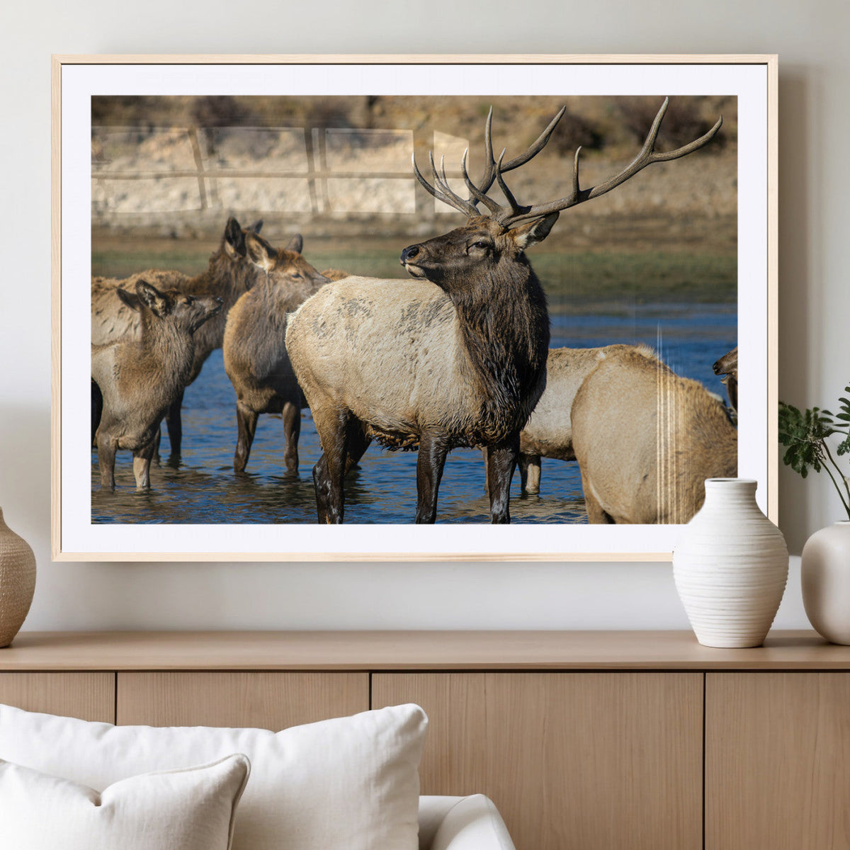 Wild Elk Wall Art Canvas Print, Framed Neutral Wildlife Scene