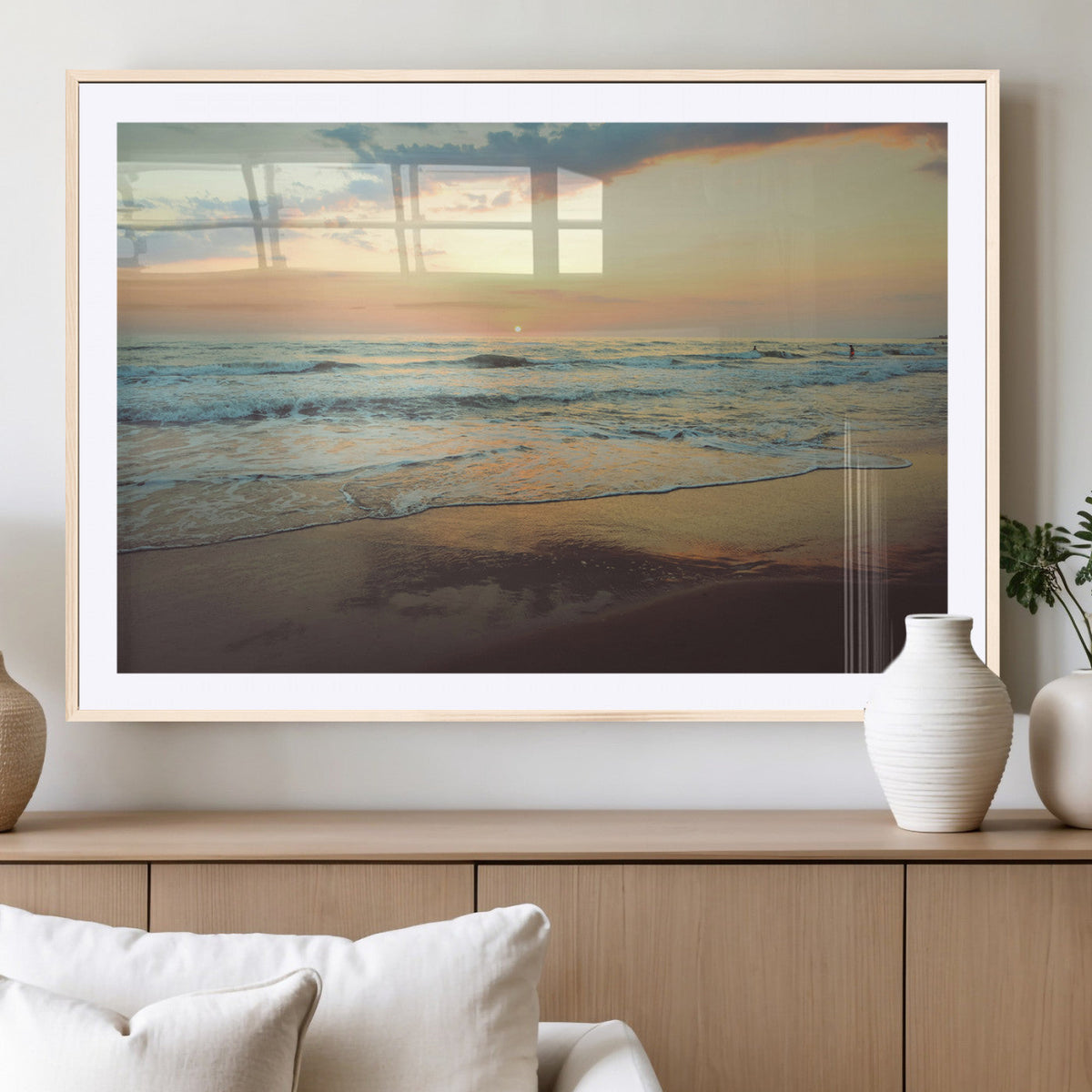 Sunset Seascape Wall Art Canvas Print, Framed Pastel Ocean View with Tranquil Shoreline
