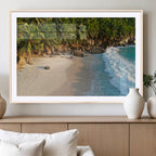 Tropical Beach Wall Art Canvas Print, Framed Ocean Waves and Palm Trees at Golden Sunset