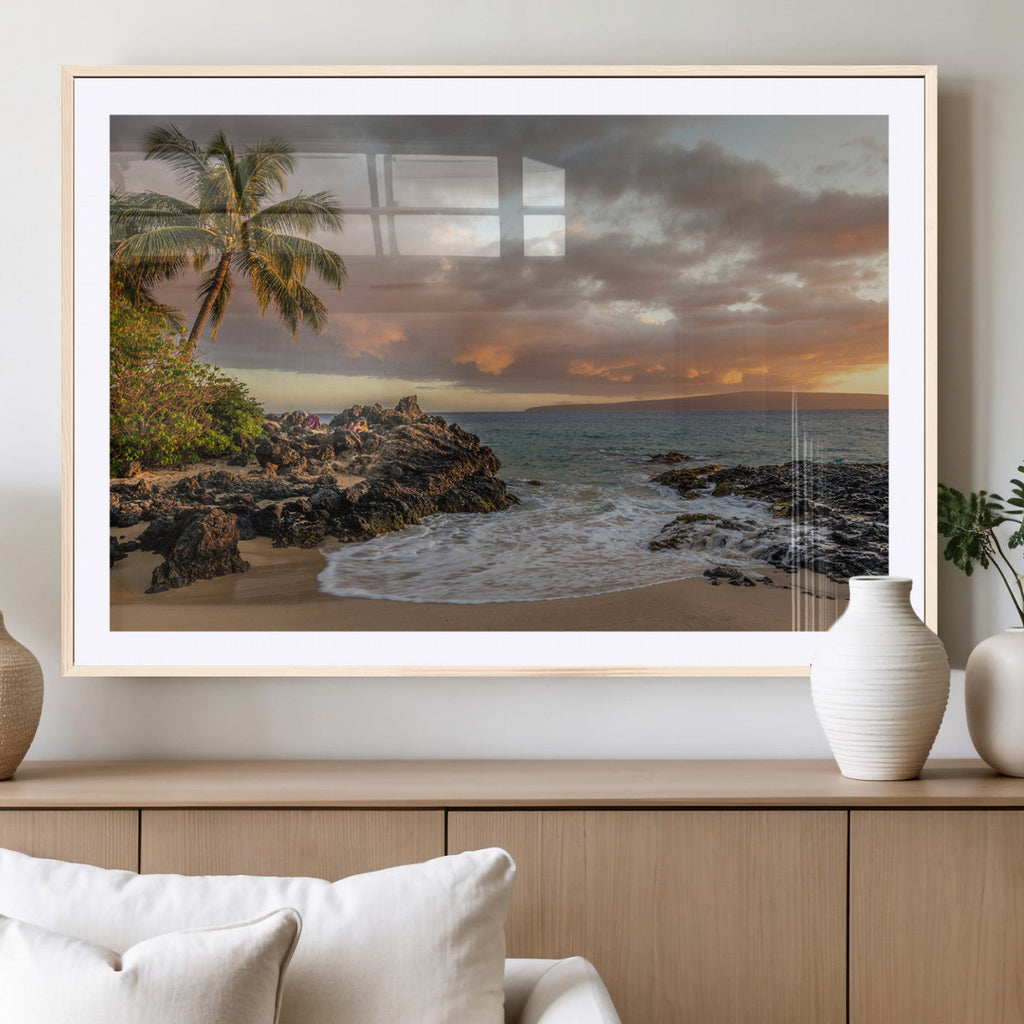 Tropical Beach Wall Art Canvas Print, Vibrant Hawaiian Sunset with Ocean Waves