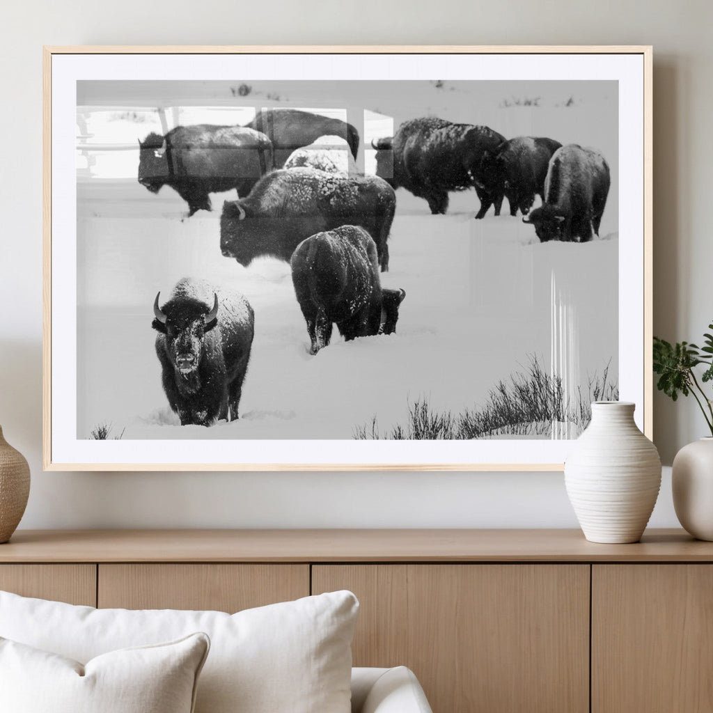 Buffalo Herd Wall Art Canvas Print, Framed Black and White Snowy Landscape