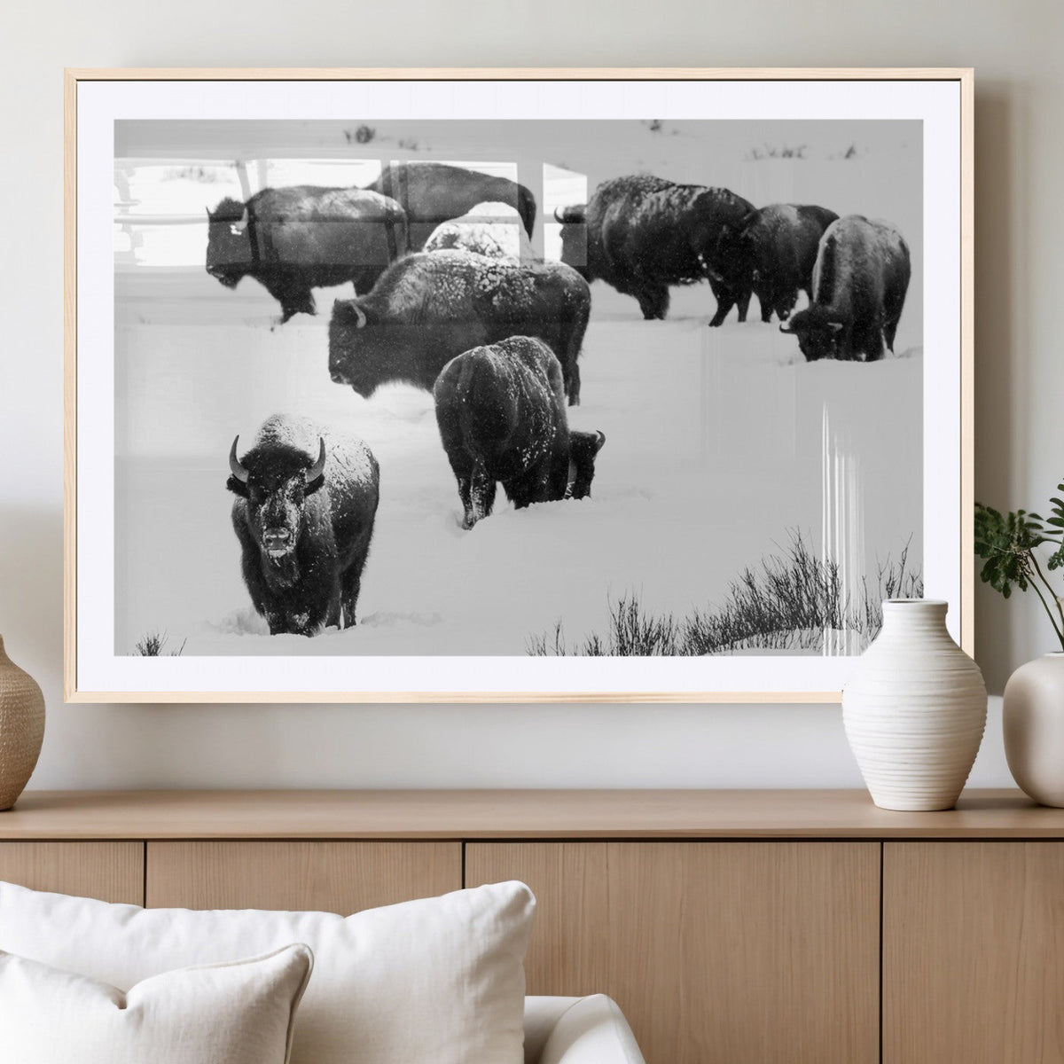 Buffalo Herd Wall Art Canvas Print, Framed Black and White Snowy Landscape