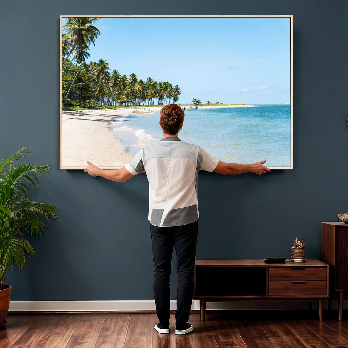Palm Tree Coast Wall Art Canvas Print, Framed Island Getaway with Crystal Blue Water