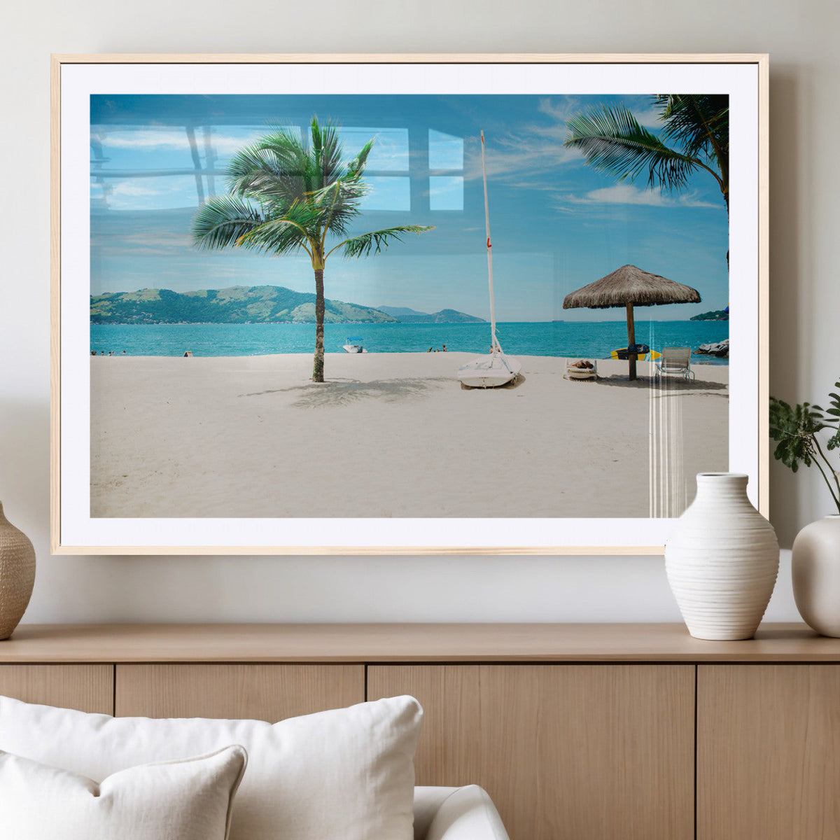 Tropical Beach Wall Art Canvas Print, Framed Palm Tree Ocean View with Calm Waves