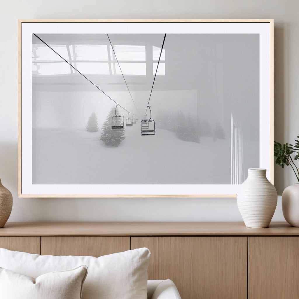 Ski Lift Wall Art Canvas Print, Framed Snowy Landscape Art, Alpine Adventure Nordic Minimalist Decor