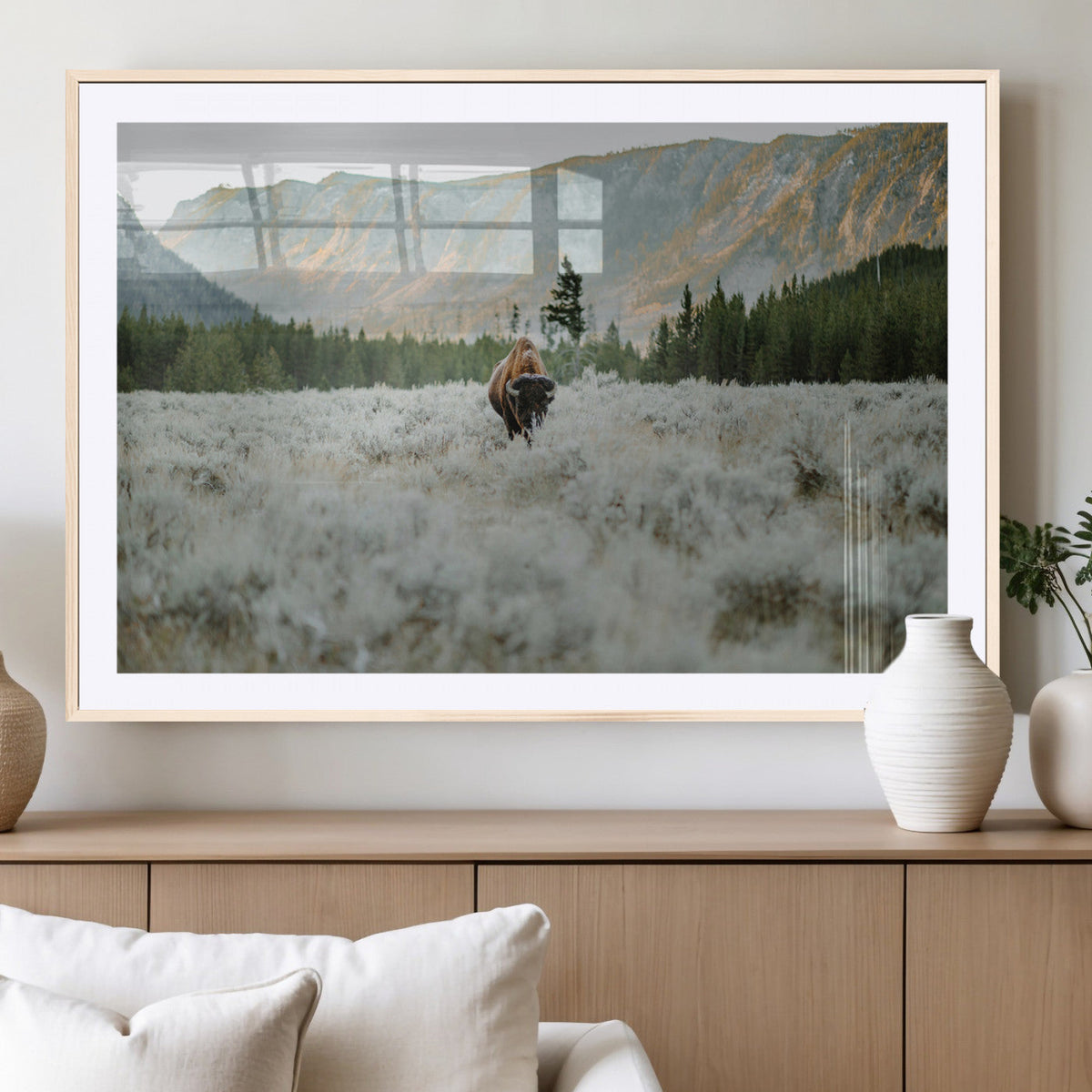 Wild Bison Wall Art Canvas Print, Majestic Mountain Pines and Misty Wilderness