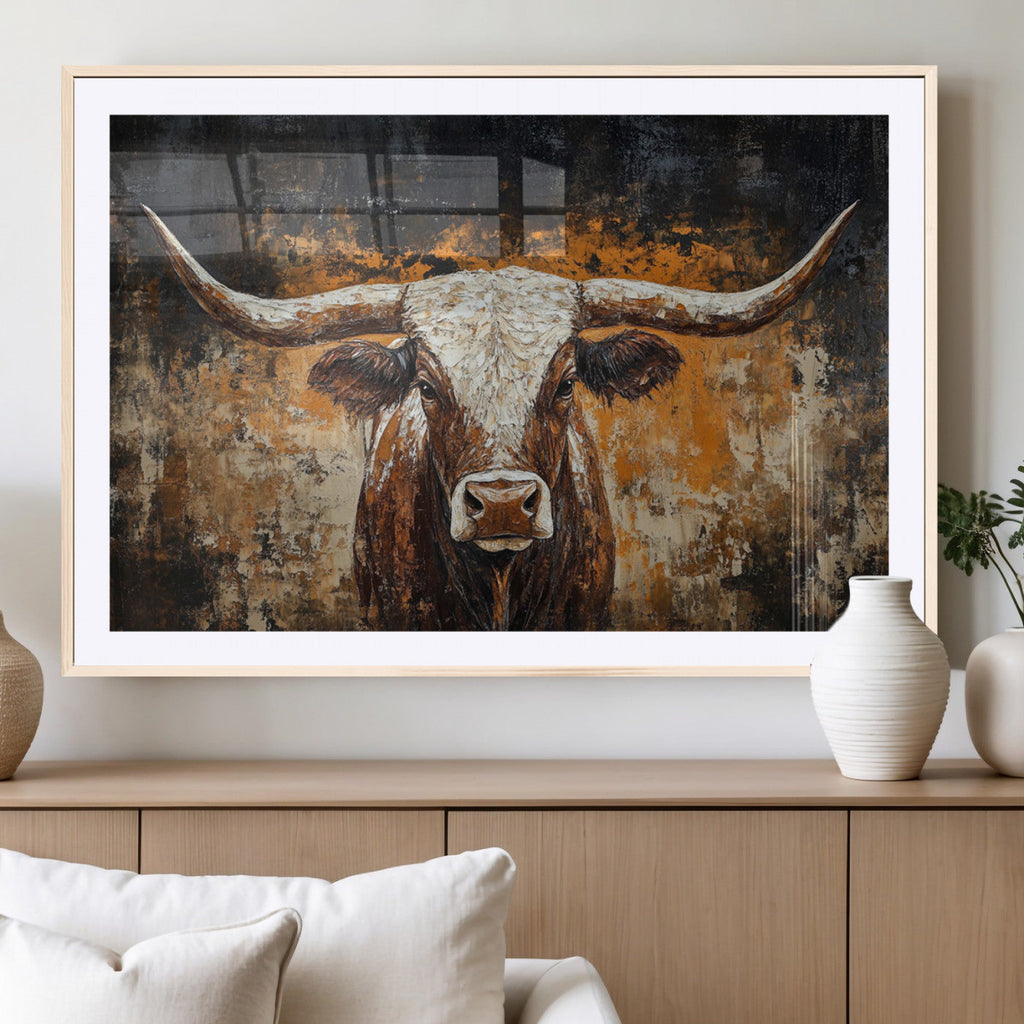 Abstract Longhorn Bull Wall Art Canvas Print, Vintage Western Texas Steer Artwork